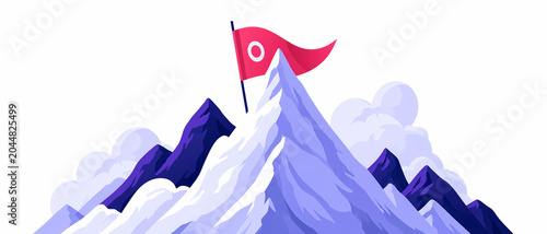 Motivation and determination red flag on mountain peak minimalist flat vector illustration