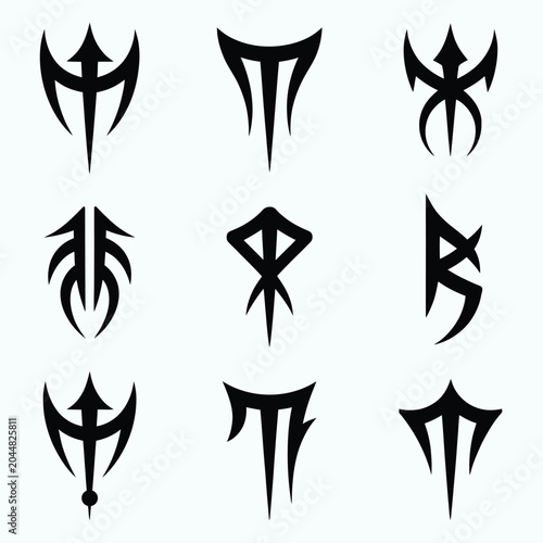 Set of eight tribal tattoo designs featuring sharp lines and curves in black on a transparent background