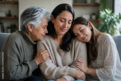 Three women embrace warmly on a cozy sofa