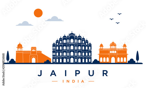 Jaipur India Skyline Landmark Vector Illustration in Ultra Minimalist Travel Poster Style