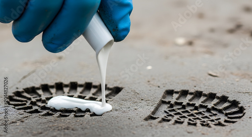 forensic investigator casting shoe impression | crime scene evidence collection footwear prints | forensic science casting plaster foot tracks | criminal investigation shoe print molding technique