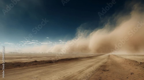Dust storm moves across an open landscape with dirt road under a blue sky with clouds in the distance during daylight hours

