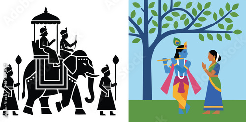 People and Elephants in Traditional Indian Procession Scene with Lord Krishna and Devotee Under a Tree