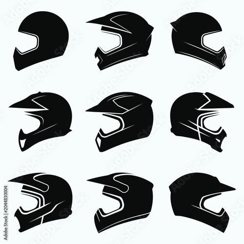Set of motorcycle helmets in different designs and angles on light gray background  various safety gear for biking and racing