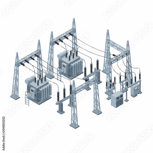 Photos Electrical substation with transformers and power lines.