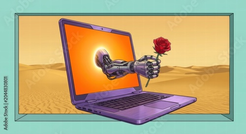 Emotional AI Concept: Futuristic Robotic Arm Emerging from Computer Display with Love and Red Rose
