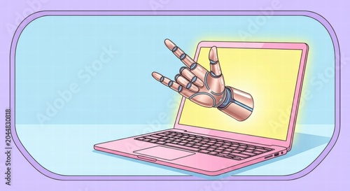 Futuristic Tech Support Concept: Robot Hand Showing I Love You Sign Pop Up from Pink Laptop Screen