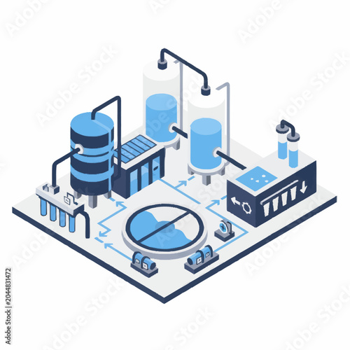 Fényképezés Industrial water treatment plant isometric illustration.
