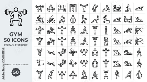 Obraz na plátně Gym and fitness line icons set, 50 workout exercise vector symbols with editable