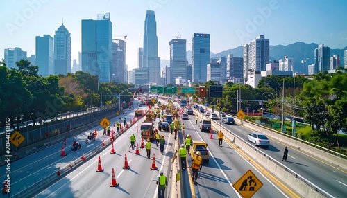 Busy Highway Construction Crew Working Beneath Modern City Skyline in Daylight
