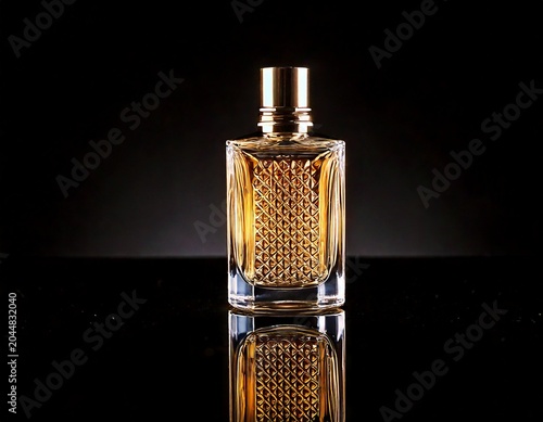 Luxury gold perfume bottle with intricate glass detailing showcased on a reflective black surface for premium product display
