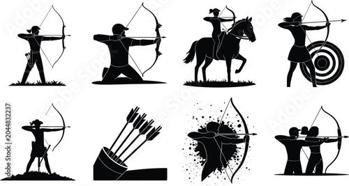 Bild auf Leinwand Black archery silhouette collection featuring archers with bows, arrows, targets