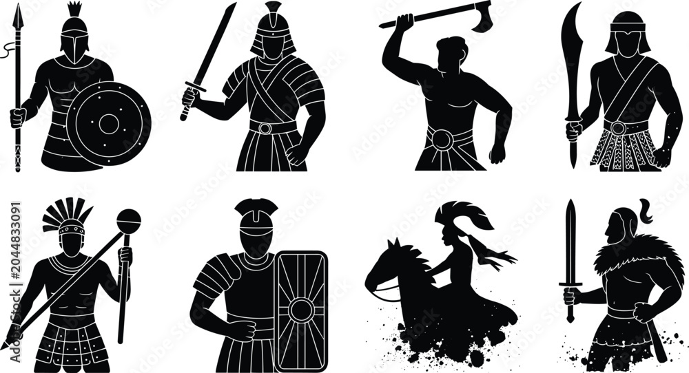 Naklejka premium Ancient warrior silhouette vector set with spears, swords, shields, horse rider, and historical battle poses