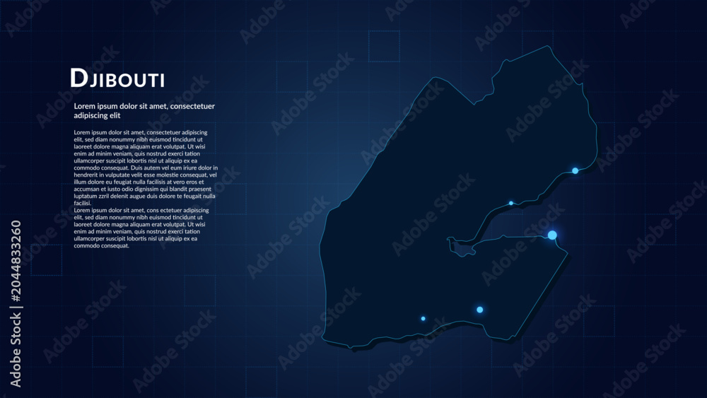 Obraz premium Map of Djibouti. Neon lights on dark background highlighting the major cities.