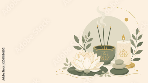 Photos Tranquil Zen Garden: A serene composition featuring a blooming lotus flower, smoldering incense sticks, a lit candle, and stacked stones, evoking a sense of peace and mindfulness