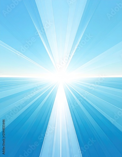 Radiant blue light bursts from horizon over calm, reflective water