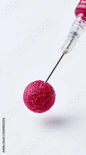 Pink textured sphere lifted by syringe needle over white surface