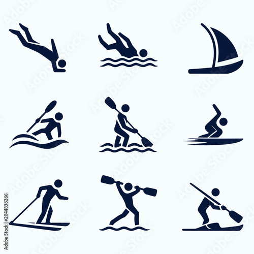 Set of silhouettes of people engaging in various water sports activities like swimming surfing and sailing on a light blue background