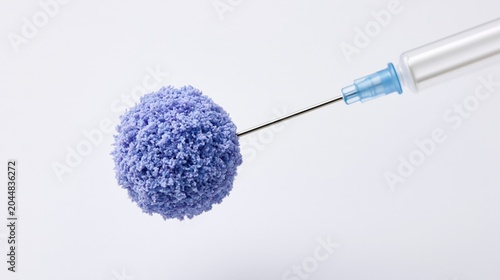 Syringe needle piercing spherical textured blue particle model