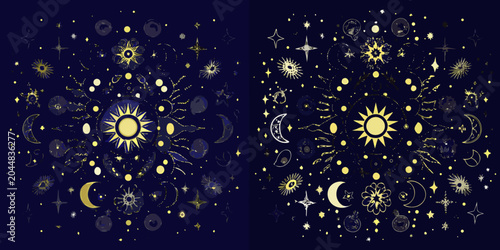 Fotografía Celestial Pattern With Sun Moon And Star Elements Dark Blue Background