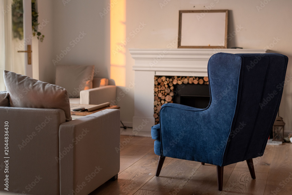 Obraz premium Cozy living room with fireplace.