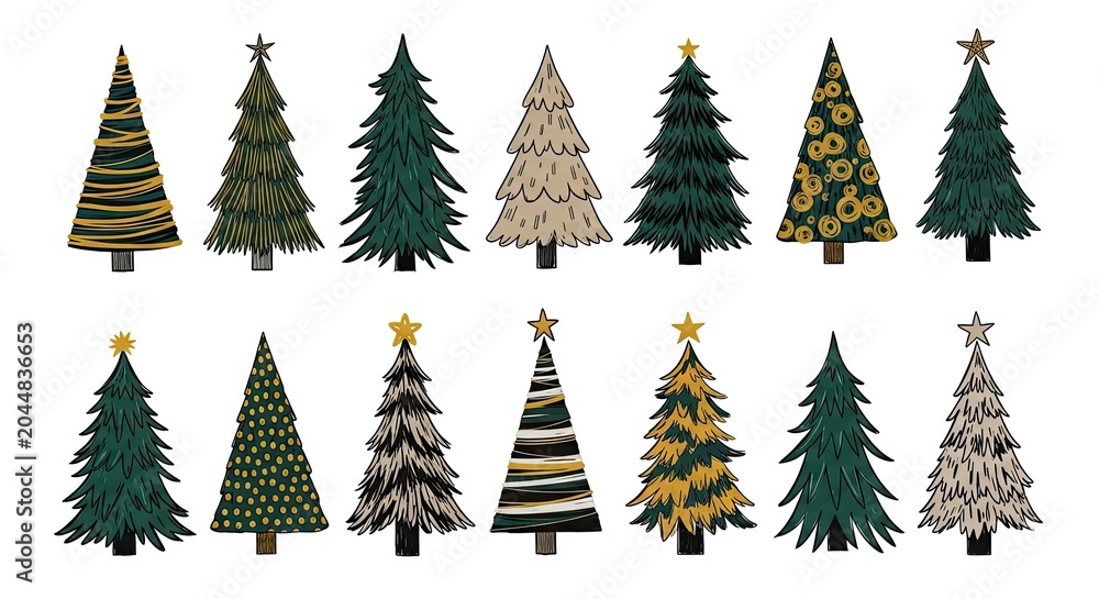 Obraz premium Set of various hand drawn christmas tree illustrations on white background.