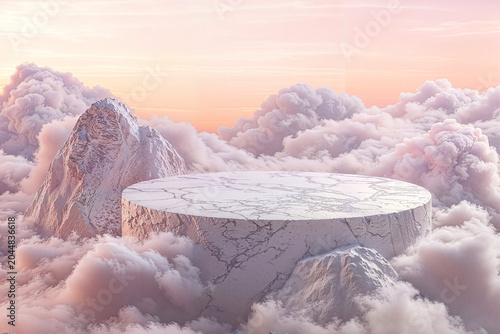Round White Marble Product Display Podium with Snowy Mountain Behind and Pink Purple Clouds at Sunset for Luxury Brand Mockup