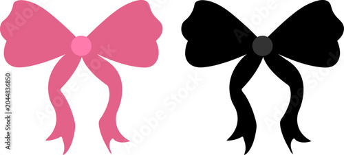 Pink and black flat vector ribbon bow icons with decoration, isolated