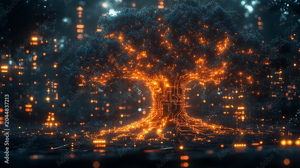Fototapeta premium Futuristic digital tree in cityscape
