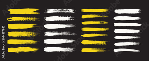 Yellow and White Grunge Ink Brush Textures Stroke Collection, Distressed Dry Paint Smear, Rough Artistic Paint Streaks, Abstract Handmade Brush Marks, Vector Design Isolated on Dark Background