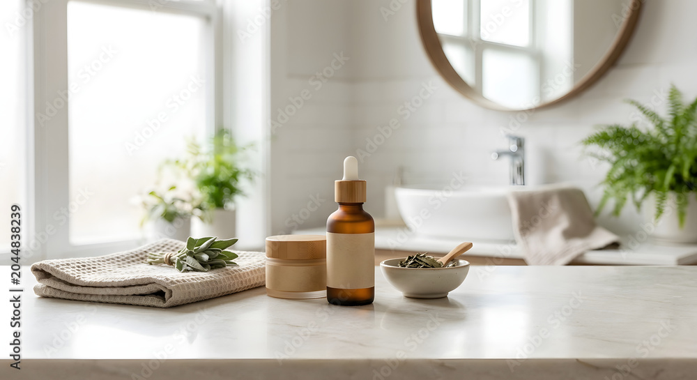 Fototapeta premium Minimalist bathroom counter mockup for skincare branding, blank amber dropper bottle and cream jar with copy space on marble tabletop, bright elegant wellness lifestyle product display background