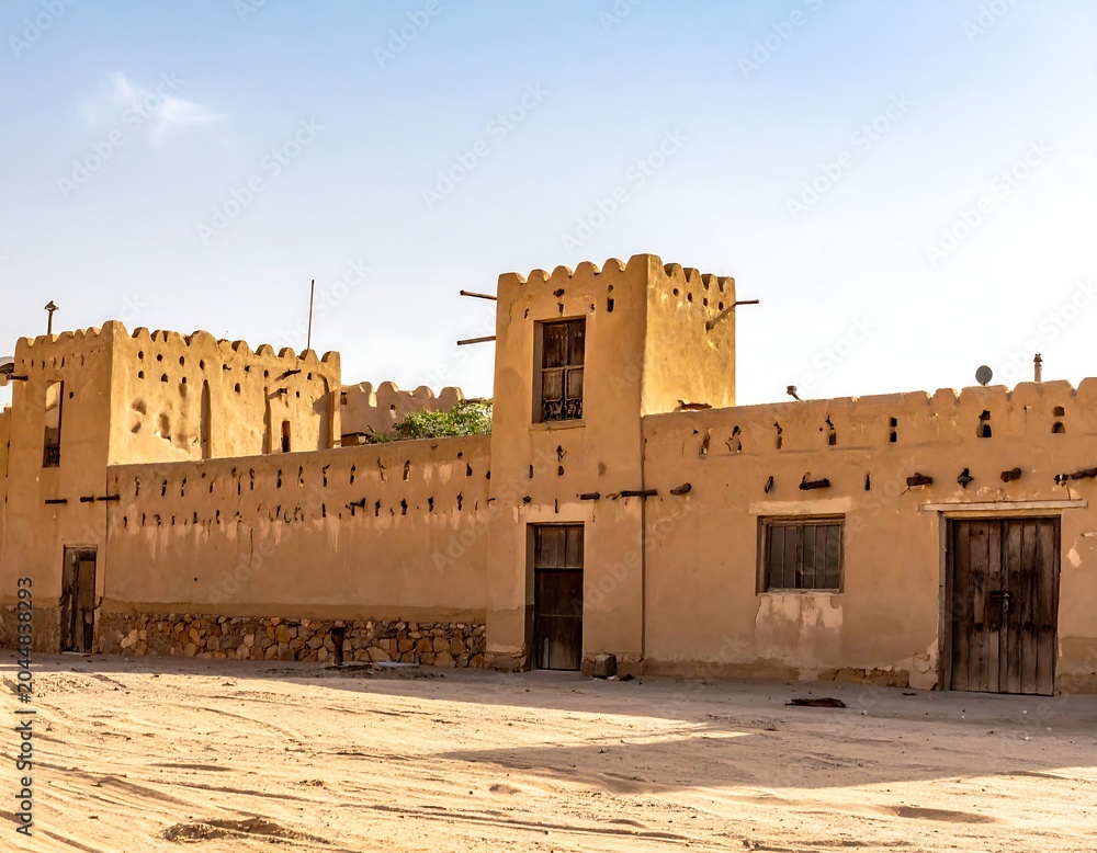Fototapeta premium A desert fortress with tan walls and battlements under a blue sky