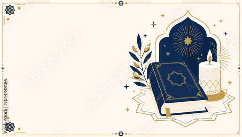 Fotografía Islamic Holy Book and Candle: An illustration of an Islamic holy book with a decorative cover and a lit candle, set against a backdrop of ornate Islamic art and star patterns