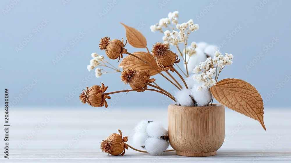 Fototapeta premium Dried floral stems and cotton arranged in wooden vase