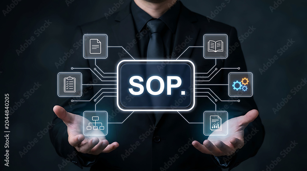 Fototapeta premium Businessman presenting virtual SOP screen with company process and documentation network