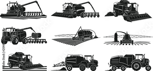 Black and white farming machinery silhouettes featuring tractors, harvesters, seeders, sprayers, and balers for agriculture design