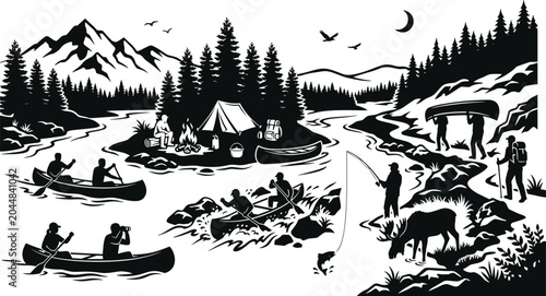Black and white wilderness vector illustration of camping, canoeing, fishing, hiking, wildlife and mountain forest river landscape