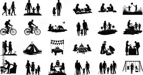 Black family silhouette vector collection showing outdoor activities, leisure, and bonding moments for lifestyle and design projects