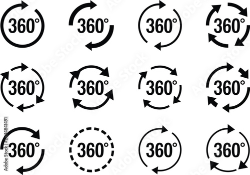 Принти на полотні 360, degree rotation icon set, rotational arrow icons for VR navigation panorami