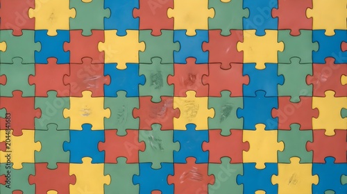 Colorful interlocking jigsaw puzzle pieces forming a seamless background