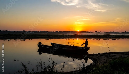 Silhouetted Fisherman Standing by Wooden Boat at Sunrise on Calm River