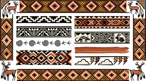 Native American Southwest Pottery Geometric Border Frame Vector Set with Anasazi Stepped Fret Hopi Spiral Navajo Diamond Zuni and Traditional Design
