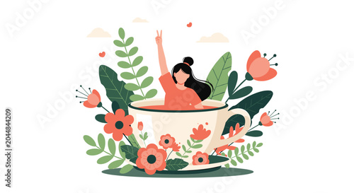 Whimsical girl popping out of a giant teacup surrounded by blooming flowers, representing creativity, joy, and tea time magic.