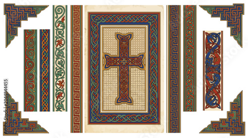 Early Christian Insular Carpet Page Illuminated Border Frame Vector Set with Interlace Fretwork Trumpet Spiral Zoomorphic Dot Ground and Dense Design