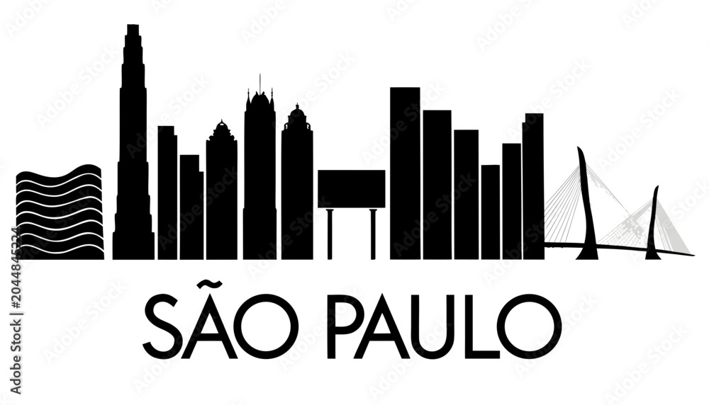 Fototapeta premium Vector illustration of Sao Paulo skyline in black silhouette, with “SAO PAULO” text, on white background, modern city identity and tourism design