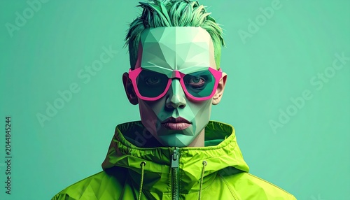 Stylish Portrait of a Man with Geometric Face and Sunglasses in Vibrant Green Tones.