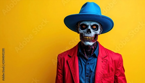 Stylish Skeleton in Red Blazer and Blue Hat Posing Against Yellow Background.