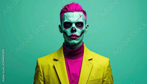 Vibrant Skull-Faced Figure in Yellow Blazer and Pink Turtleneck Against Teal Backdrop.