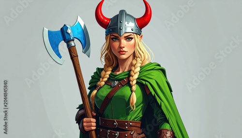 Viking Woman Warrior with Axe and Horned Helmet, Blonde Braids, Green Cape, Portrait.