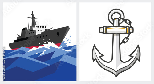 Tableau sur toile Ship Military Battleship Sailing on a Wavy Blue Ocean with a Splashing Bow in a